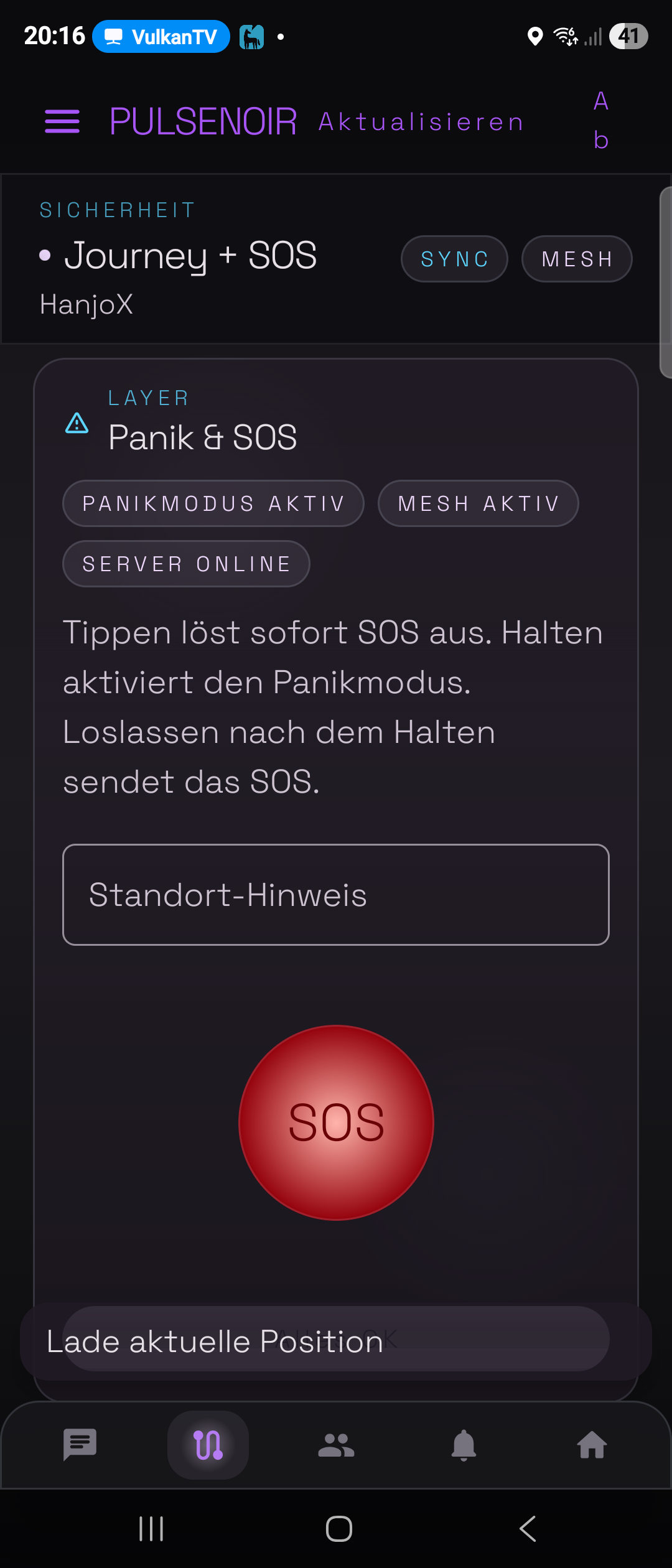PulseNoir SOS-Ansicht mit rotem SOS-Button