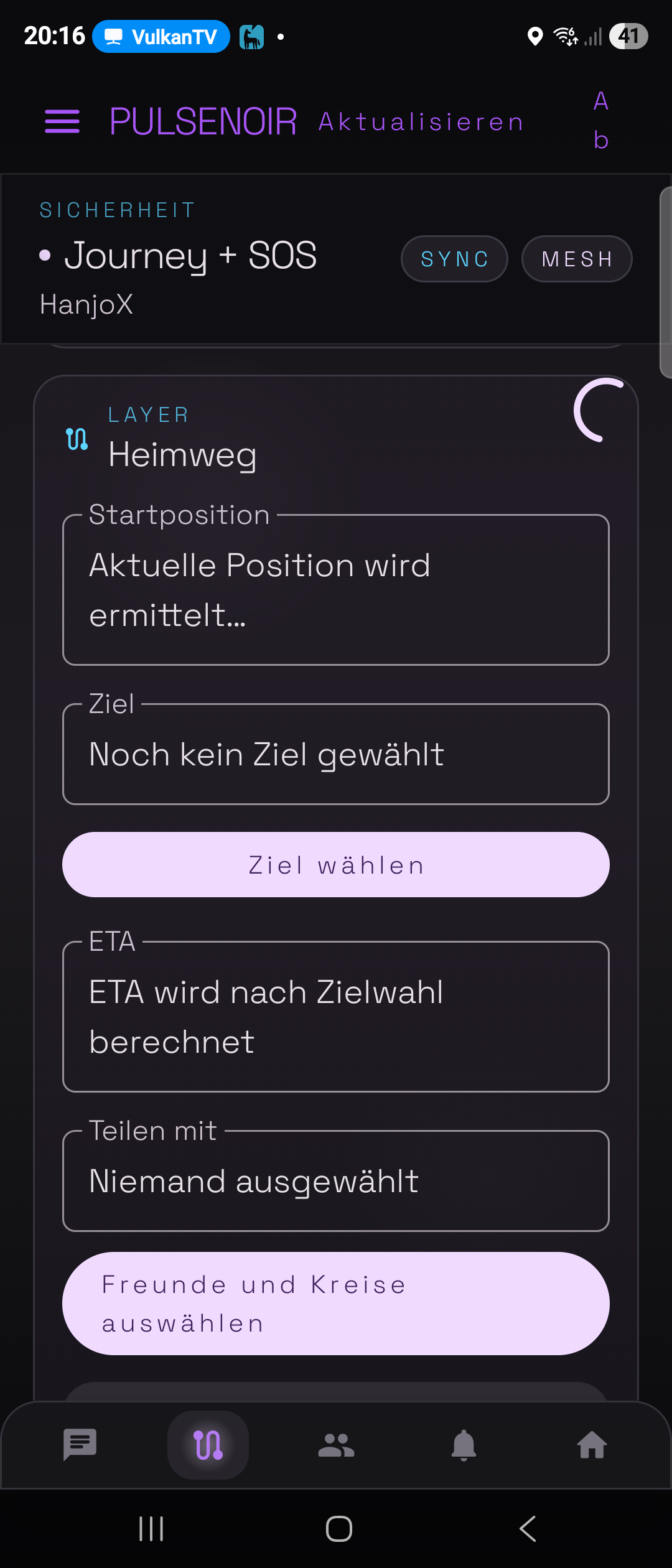PulseNoir Journey-Oberflaeche fuer sicheren Heimweg