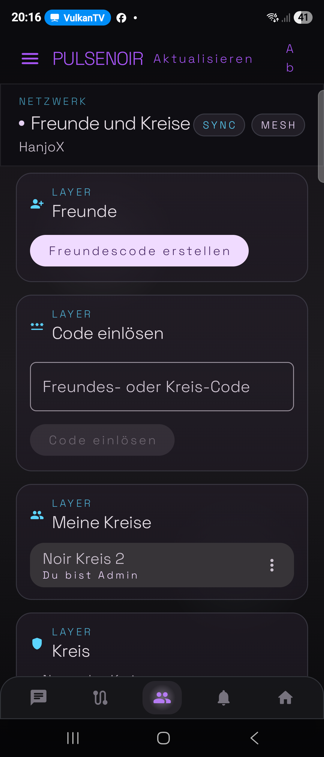 PulseNoir Netzwerkansicht mit Freunden und Kreisen