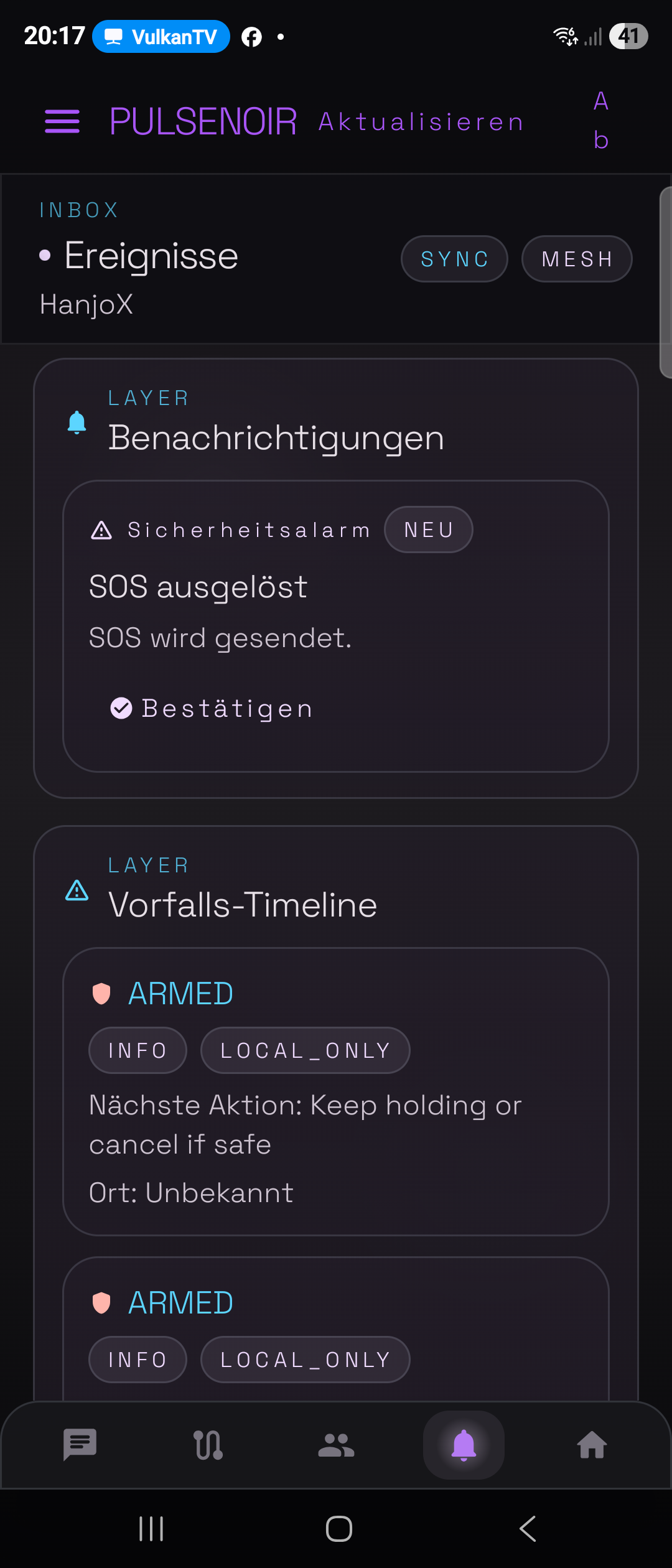 PulseNoir Inbox mit Benachrichtigungen und Vorfalls-Timeline