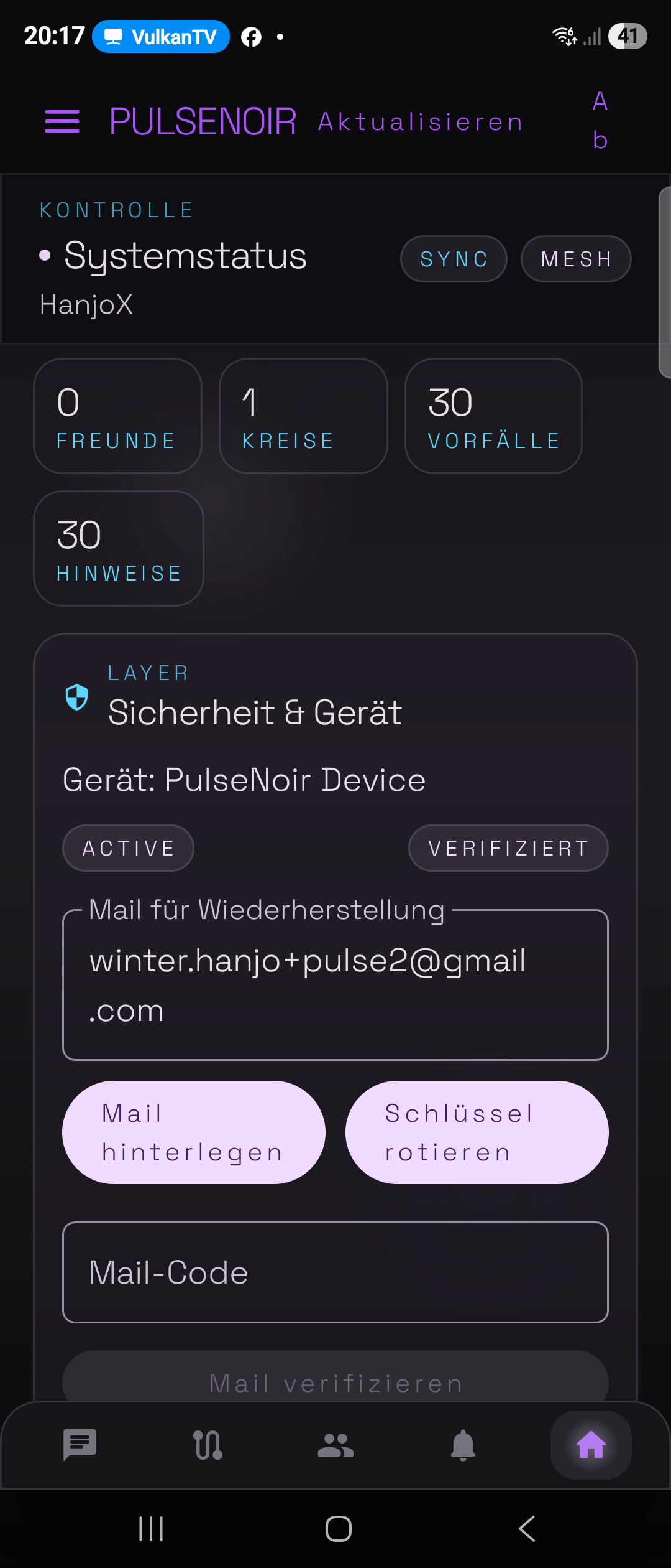 PulseNoir Systemstatus mit Verifizierung und Mail-Code
